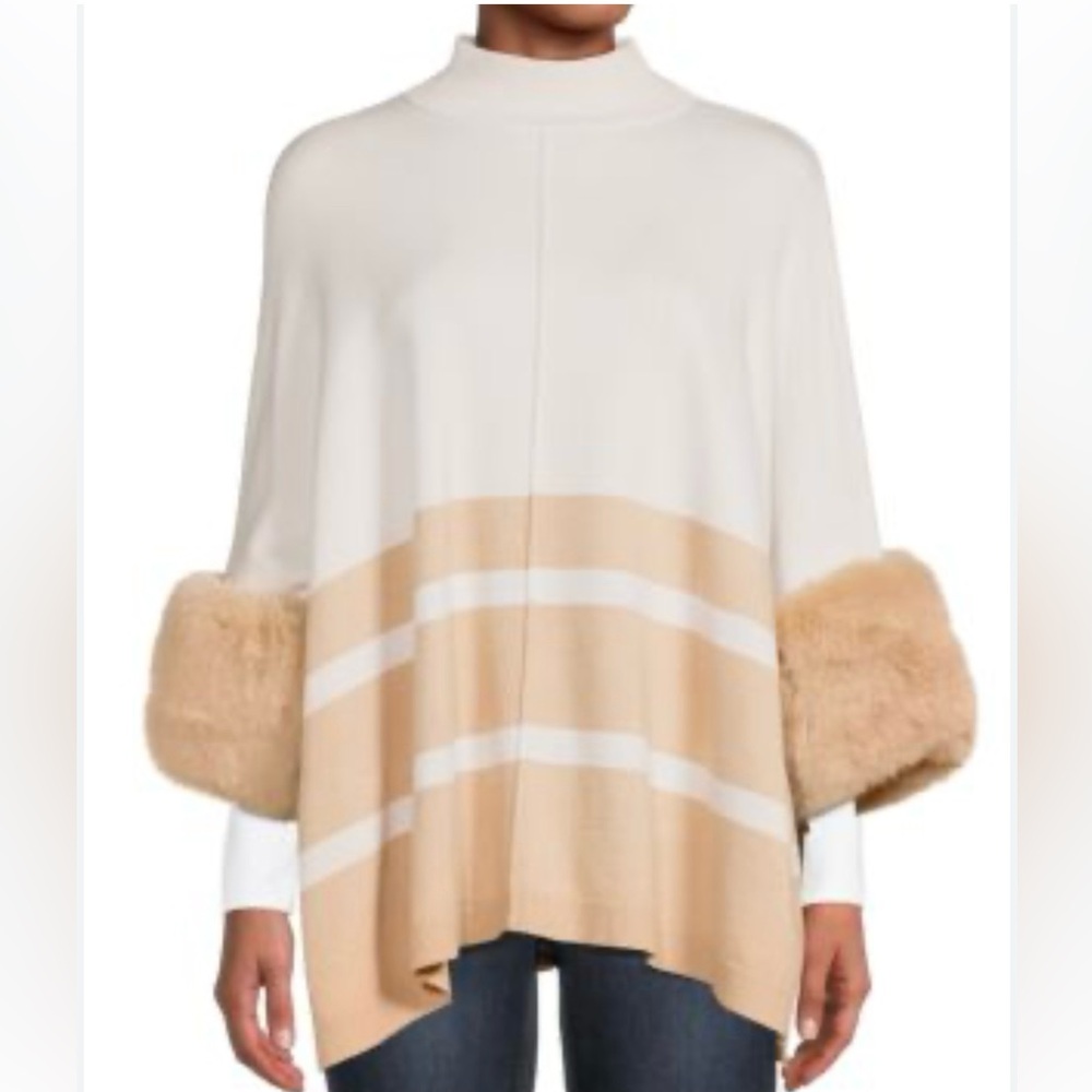 FANCY SWEATER NWT Saks Fifth Avenue Sweater Poncho with Faux Fur Trim